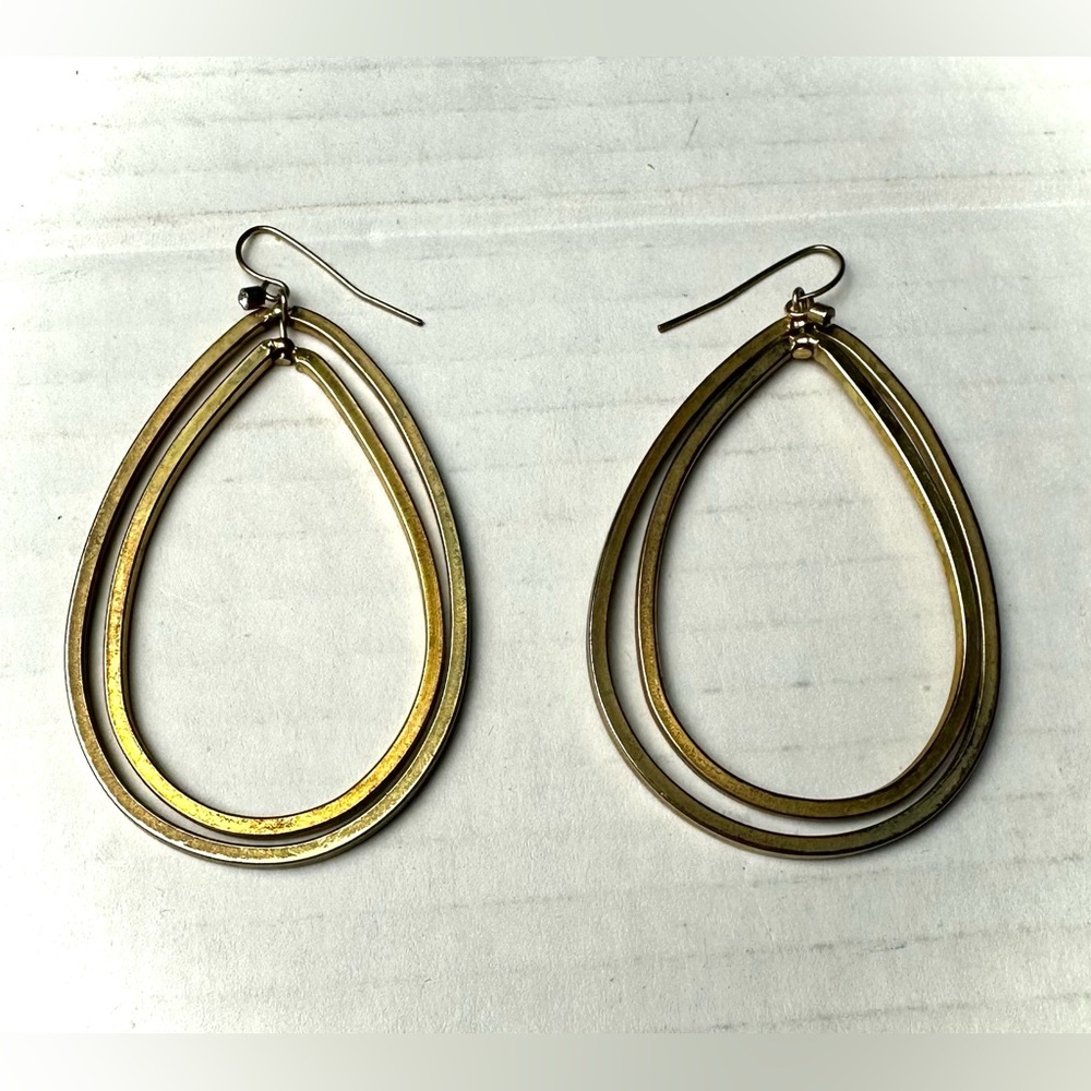 Vintage Gold Tone Double Open‎ Teardrop Dangle Hoop Drop Earrings Rhinestone